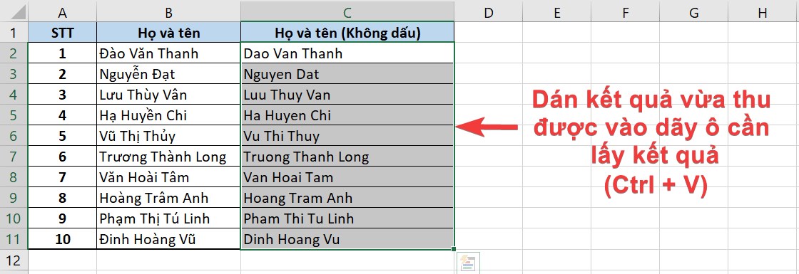 dán dữ liệu đã được loại bỏ dấu vào vị trí mong muốn