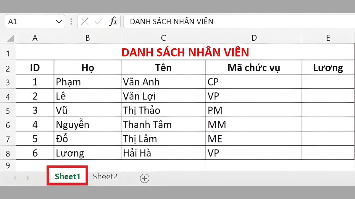 danh sách nhân viên được lưu ở sheet 1