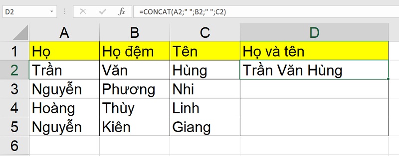 hàm CONCAT nối họ và tên