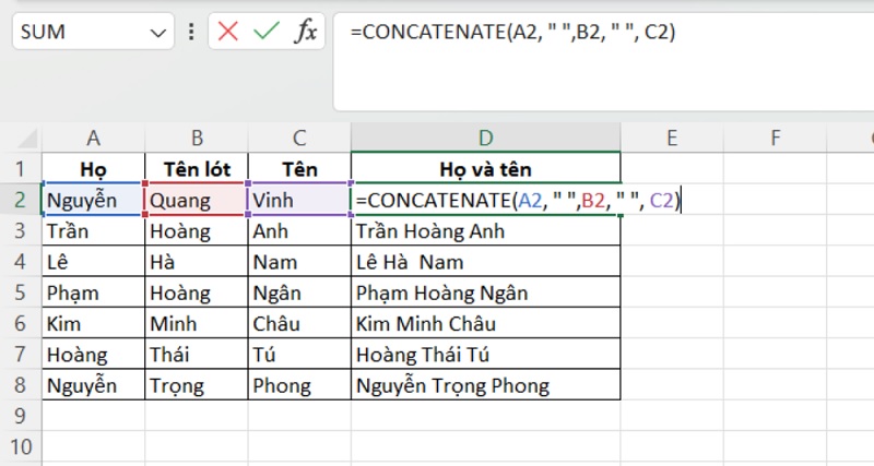 hàm CONCATENATE nối họ và tên