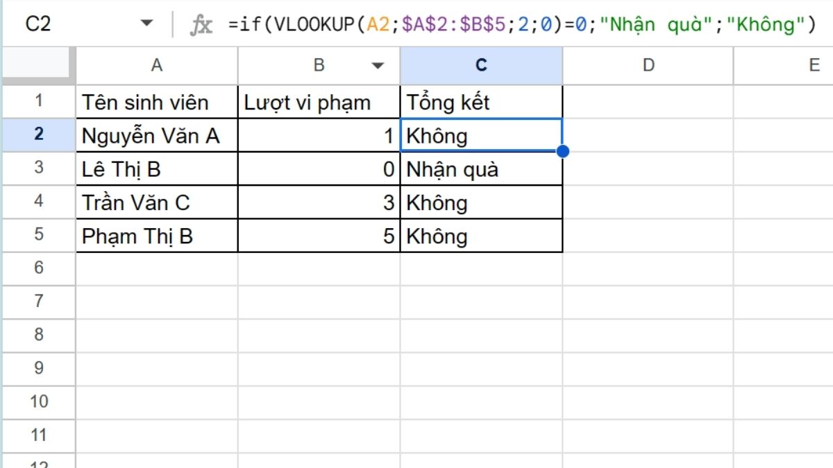 công thức hàm IF lồng VLOOKUP