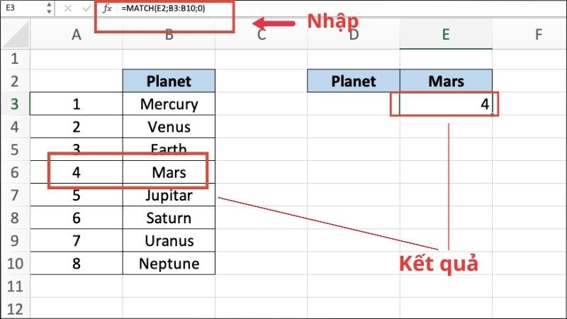 hàm MATCH khớp chính xác