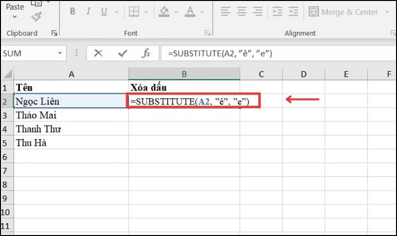 nhập công thức hàm SUBSTITUTE loại bỏ dấu