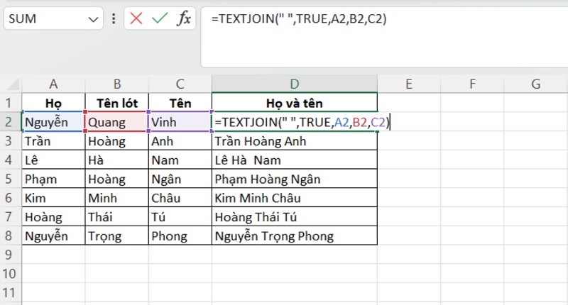 hàm TEXTJOIN nối họ và tên