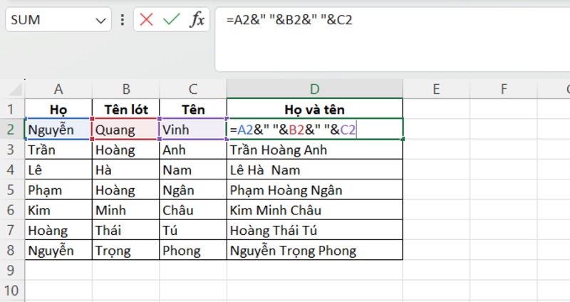 hàm toán tử & nối chuỗi họ và tên