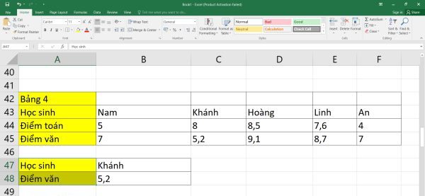 kết quả hàm MATCH kết hợp với hàm HLOOKUP