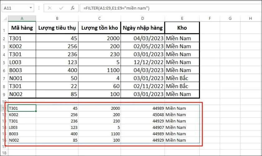 kết quả lọc bằng hàm FILTER