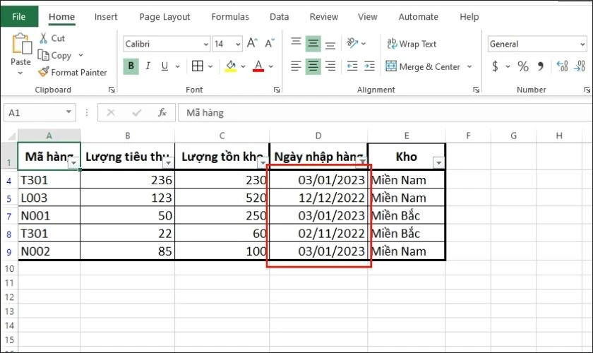 kết quả lọc dữ liệu dạng ngày tháng