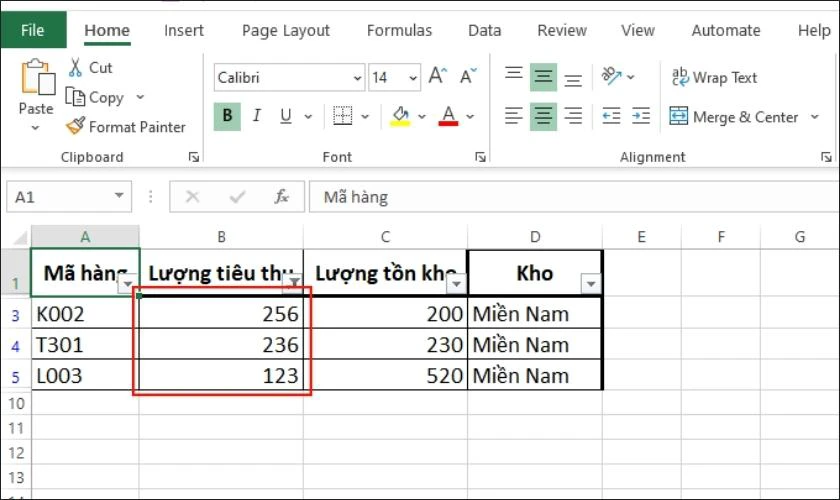 kết quả lọc dữ liệu dạng số