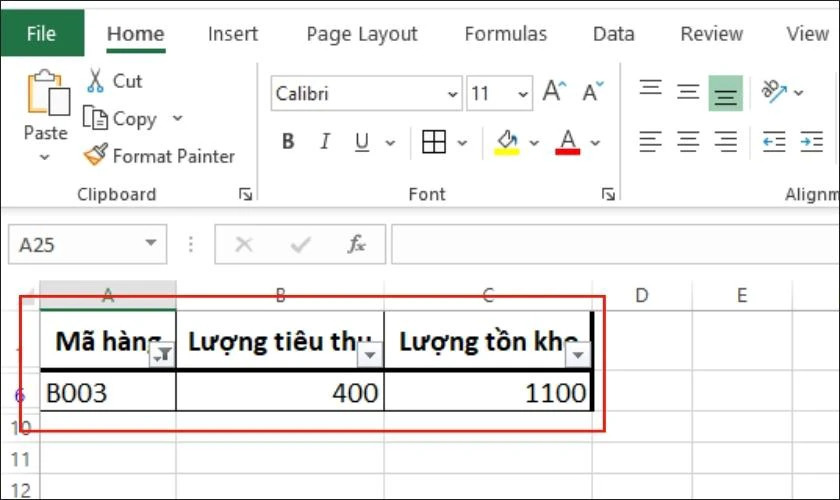 Kết quả lọc dữ liệu cho cột đã chọn