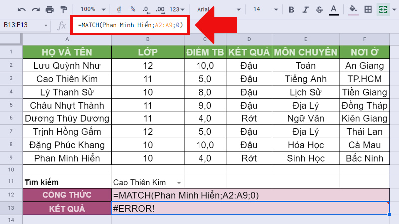 lỗi ERROR hàm MATCH