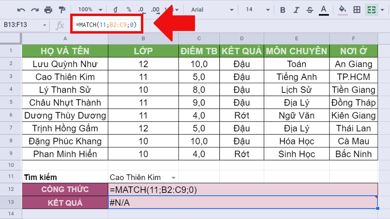 lỗi NA hàm MATCH