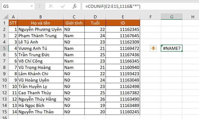 Lỗi #NAME? khi sử dụng hàm COUNTIF