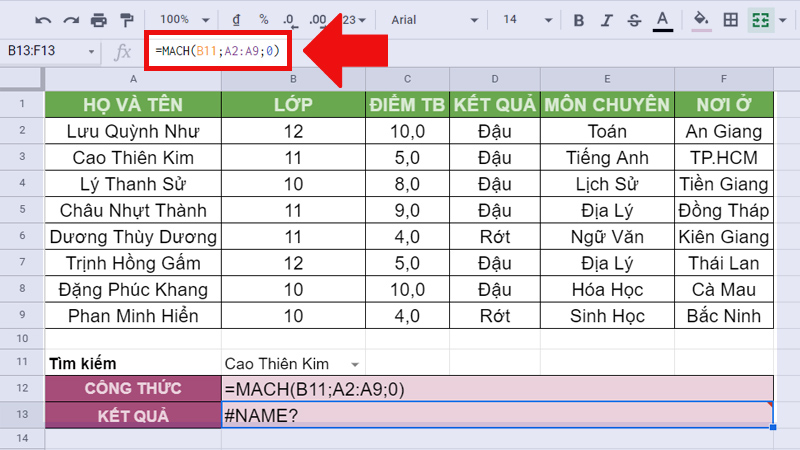 lỗi NAME hàm MATCH