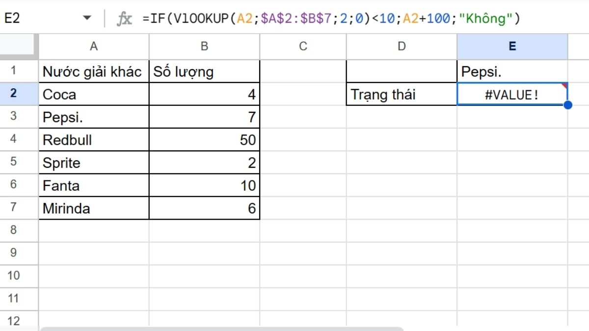 lỗi VALUE khi sử dụng hàm IF kết hợp VLOOKUP