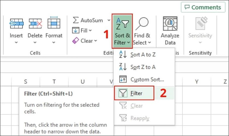 nhấn vào Sort & Filter, sau đó chọn Filter