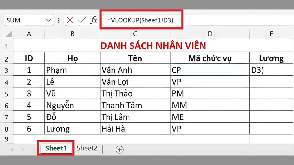 nhập công thức VLOOKUP ở sheet 1