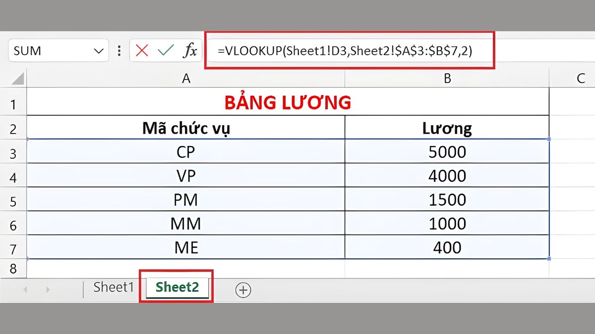 nhập công thức VLOOKUP ở sheet 2