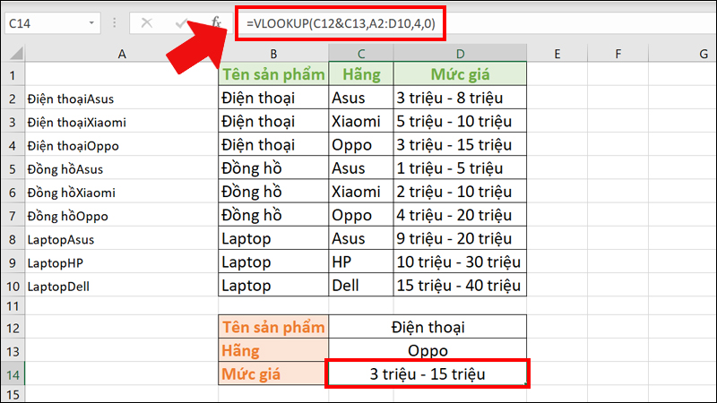 nhập công thức hàm VLOOKUP 