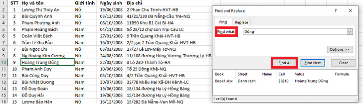 nhập từ khóa vào ô Find What