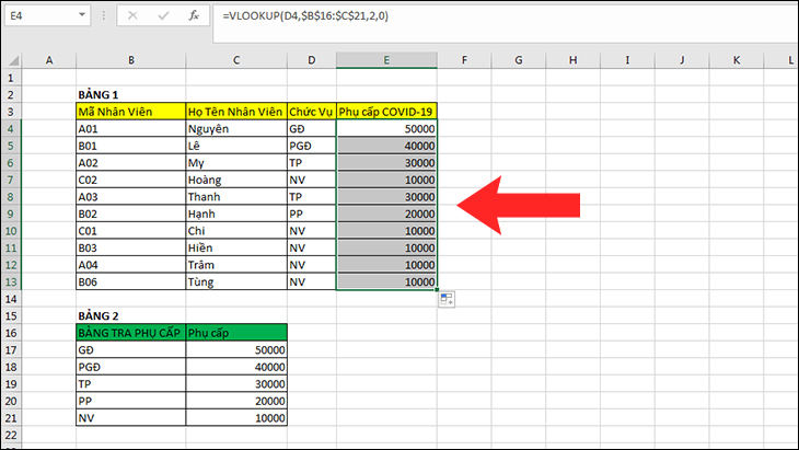 Sao chép công thức VLOOKUP cho các ô còn lại