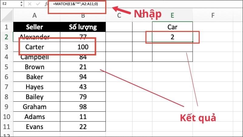 sử dụng hàm MATCH với ký tự đại diện