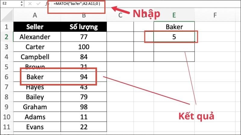 sử dụng hàm MATCH với ký tự đại diện