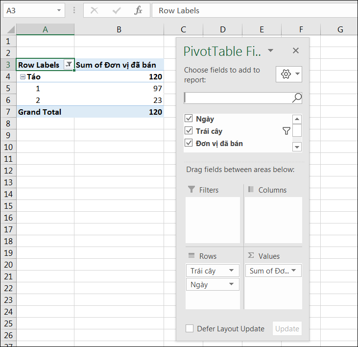 sử dụng Pivot Table để lọc ra danh sách các giá trị duy nhất