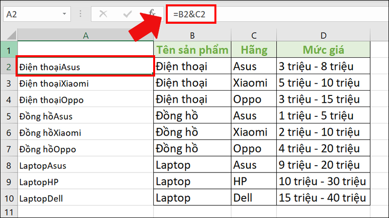 Tạo một cột phụ để ghép tên sản phẩm và tên hãng