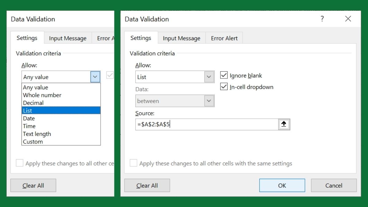 Thiết lập Data Validation