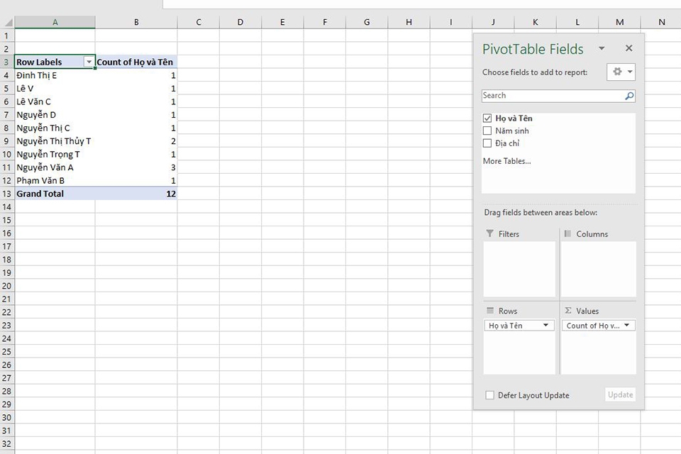 thiết lập PivotTable Fields