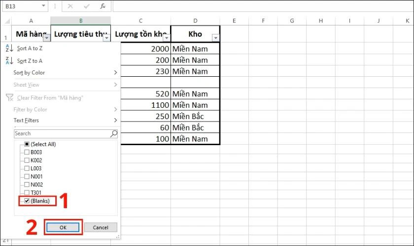 Tích chọn ô Blanks và nhấn OK