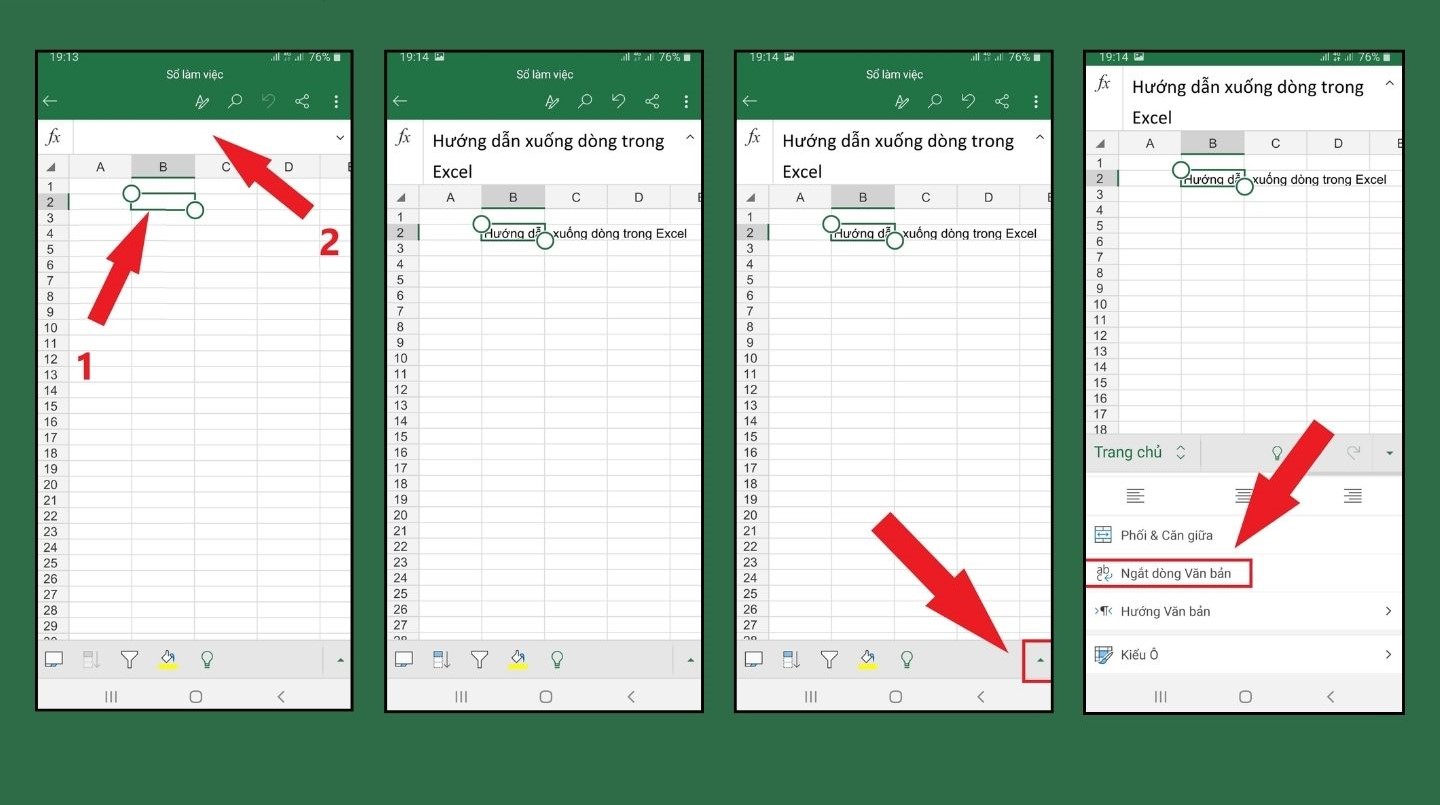 xuống dòng trong Excel trên điện thoại Android, iOS