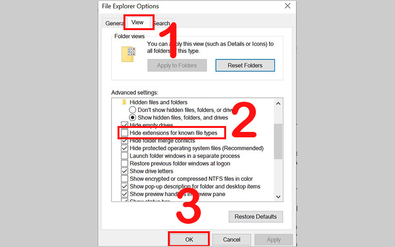 bỏ chọn mục Hide extensions for known file types