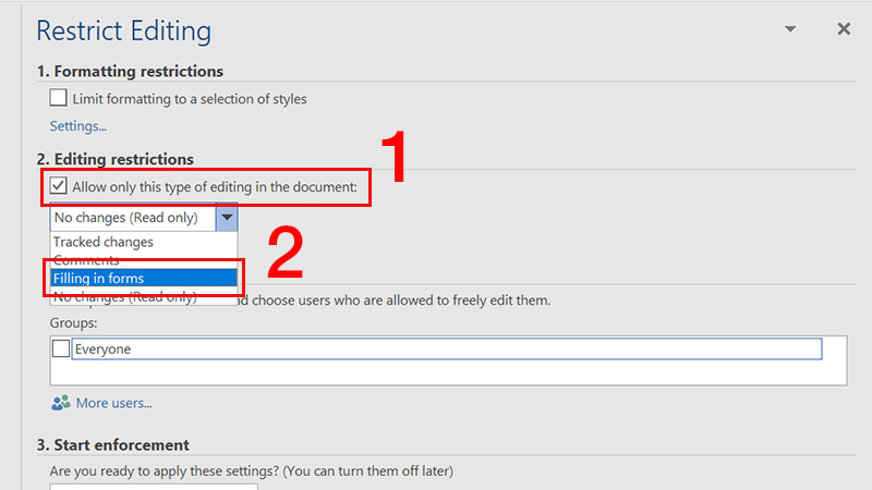 chọn Filling in forms từ danh sách thả xuống