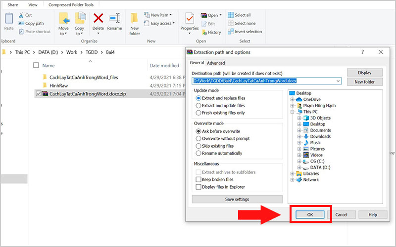 Nhấn OK để xác nhận giải nén file