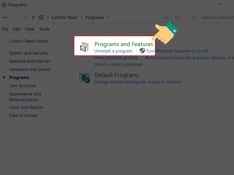 nhấp vào Programs and Features