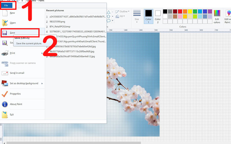 dán ảnh vừa sao chép vào Paint rồi nhấn File > Save As