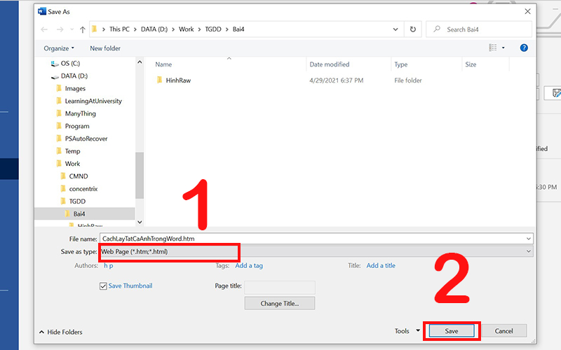 lưu file với định dạng Web Page (*.html; *.htm)