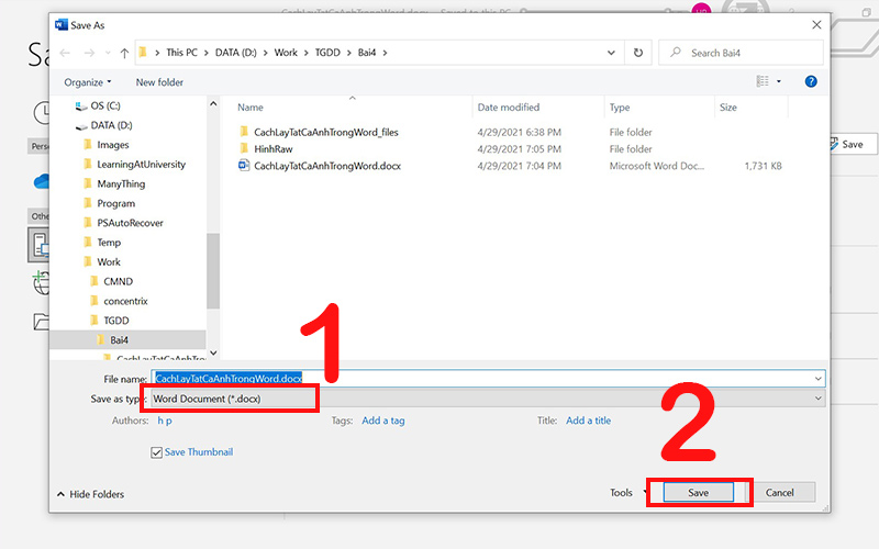lưu file với định dạng Word Document (*.docx)