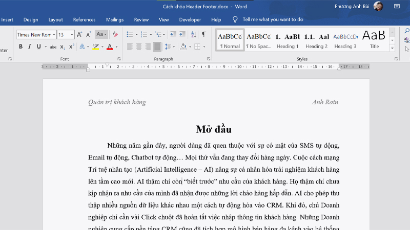 Mục đích của việc khóa bảo vệ Header và Footer trong Word