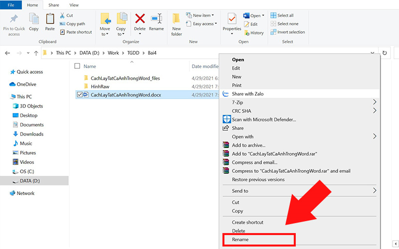 nhấn chuột phải vào file và chọn Rename