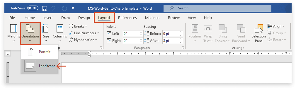 vào tab Layout, sau đó nhấn vào Orientation và chọn Landscape