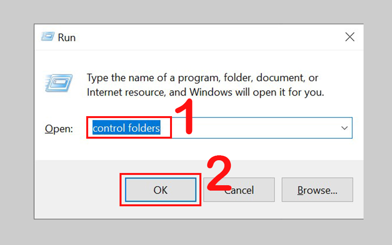 gõ lệnh control folders rồi nhấn OK