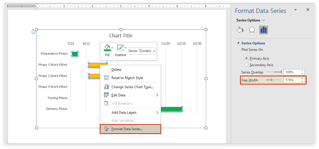 trong phần Series Options, tăng phần trăm ở ô Gap Width