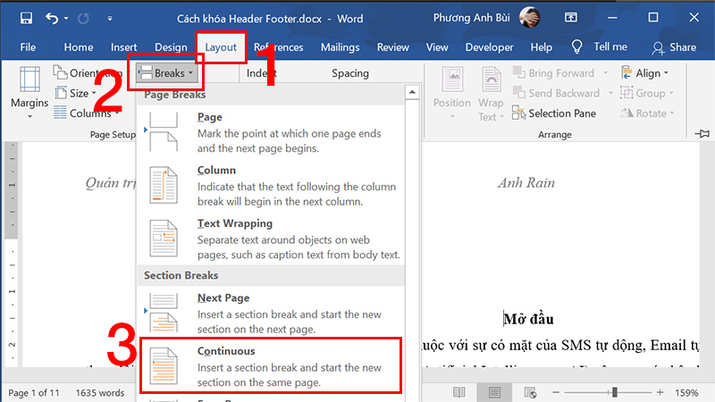 vào tab Layout, chọn Breaks và tiếp tục nhấn Continuous