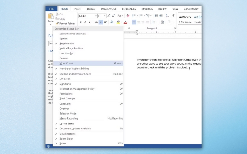 Bật tính năng Word Count trên Status Bar
