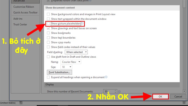 bỏ tick chọn Show picture placeholders và nhấn OK
