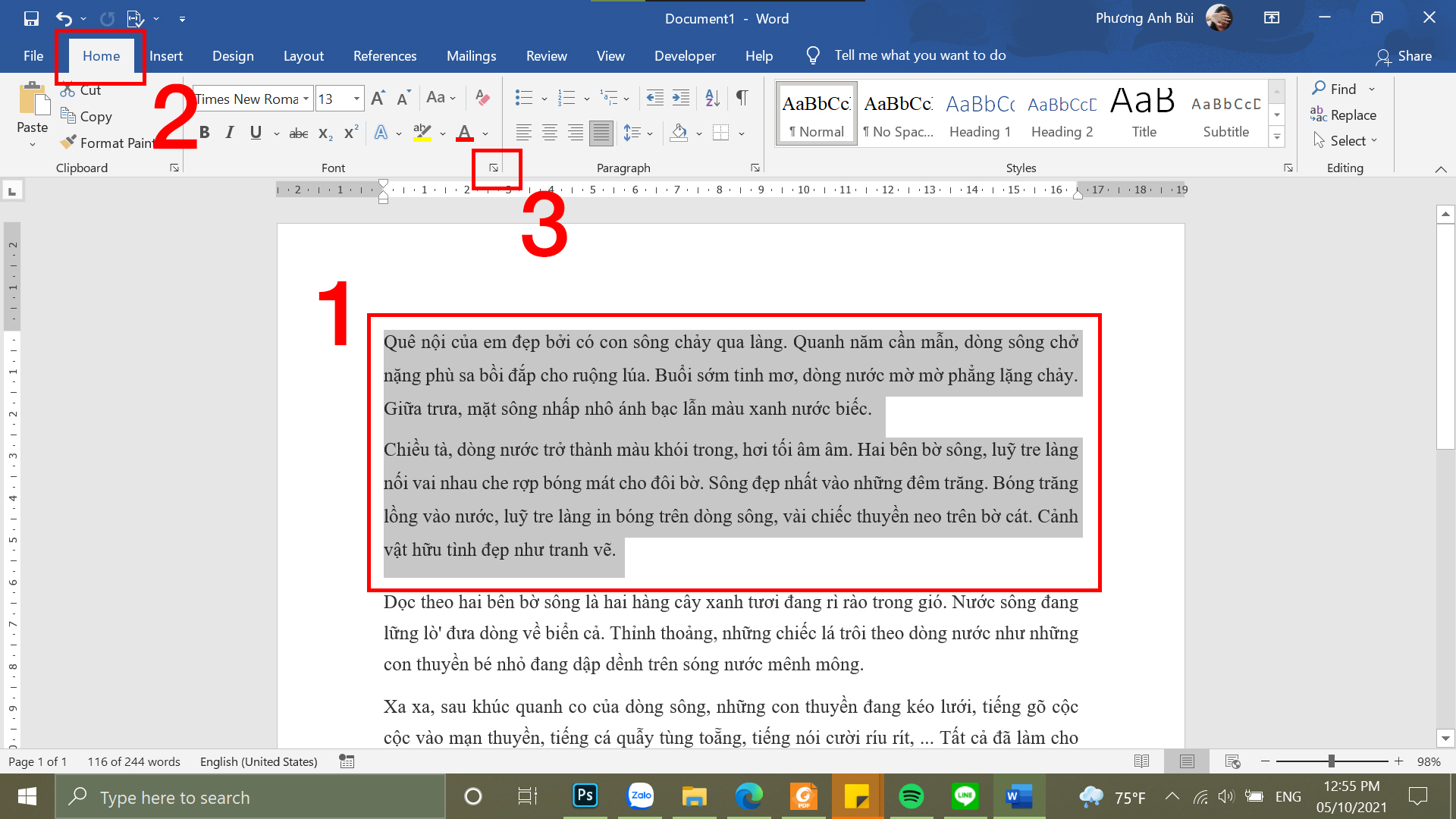 Bôi đen đoạn văn bản và mở hộp thoại Font