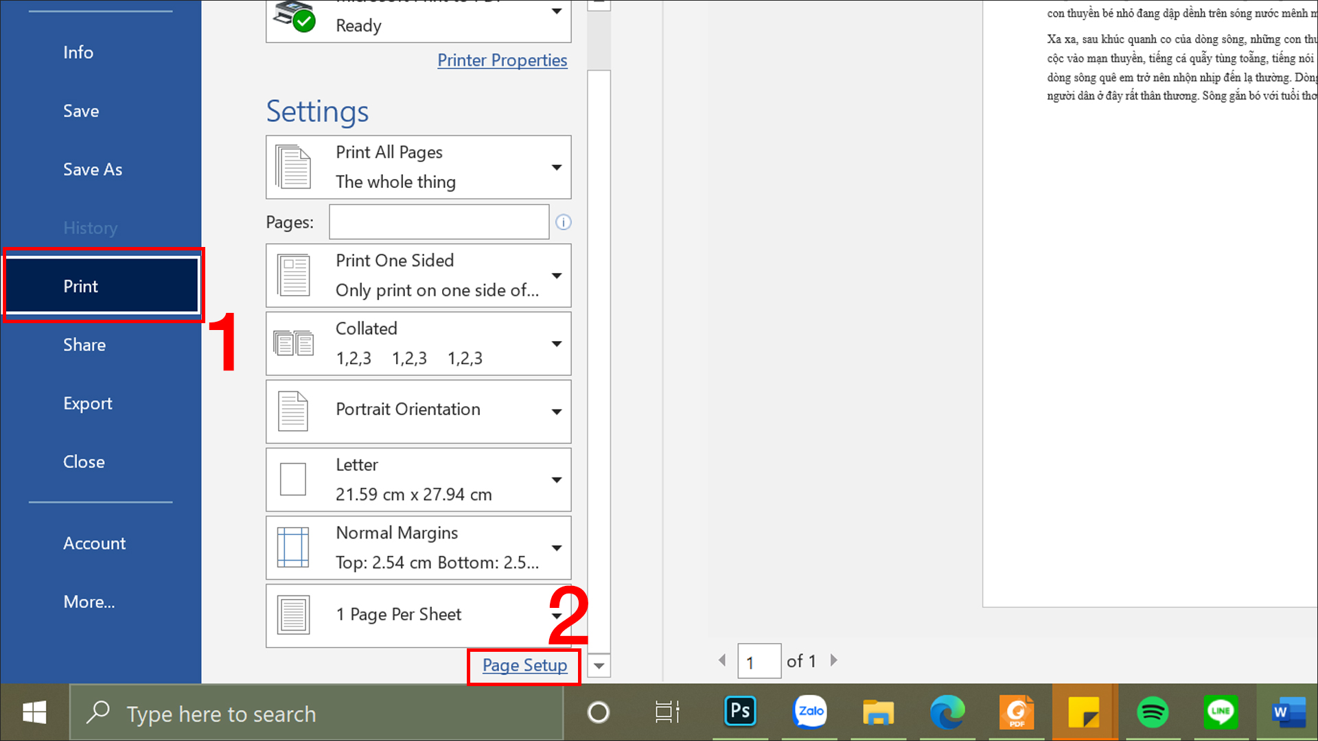 nhấp vào tùy chọn Page Setup